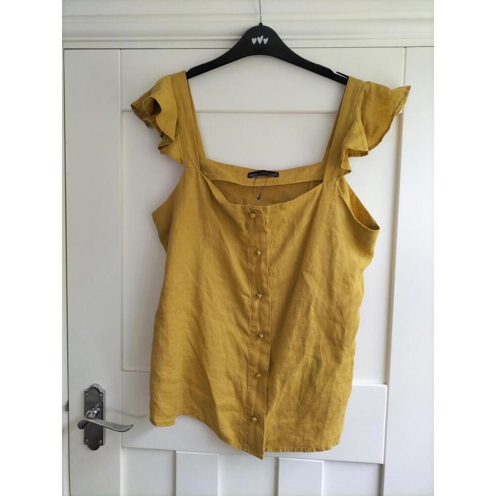BN M&S Ladies Size 16 Mustard Yellow 100% Linen Button Thru Blouse Top